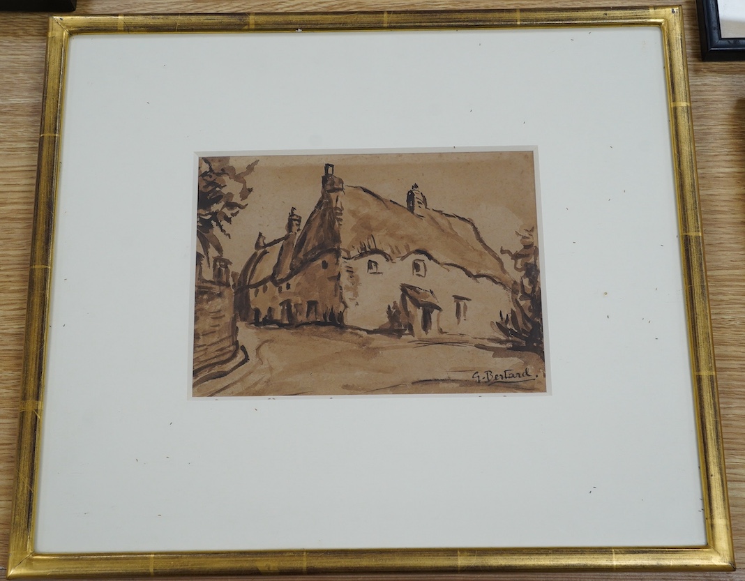 From the Studio of Fred Cuming. G. Bertrand, sepia watercolour, Study of a thatched cottage, signed, 13.5 x 18.5cm. Condition - fair, discolouration to the paper